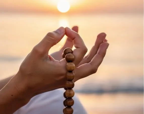 A hand holding a strand of wooden prayer beads, the low sun glowing over water behind it.