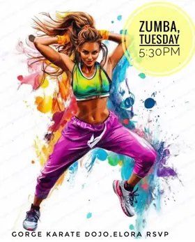 Alchemy’s Zumba poster: an illustrated dancer in bright paint splashes.