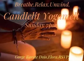 Alchemy’s Candlelit Yoga Melt poster: a hand reaching toward a row of lit candles.