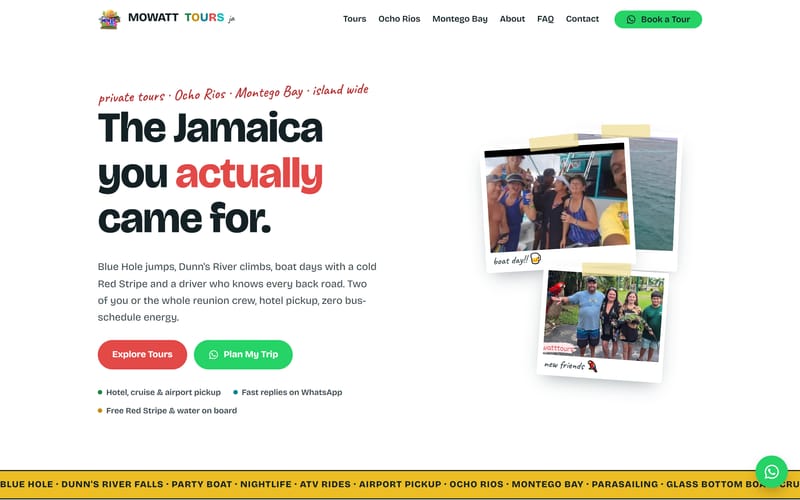 Mowatt Tours homepage in a desktop browser
