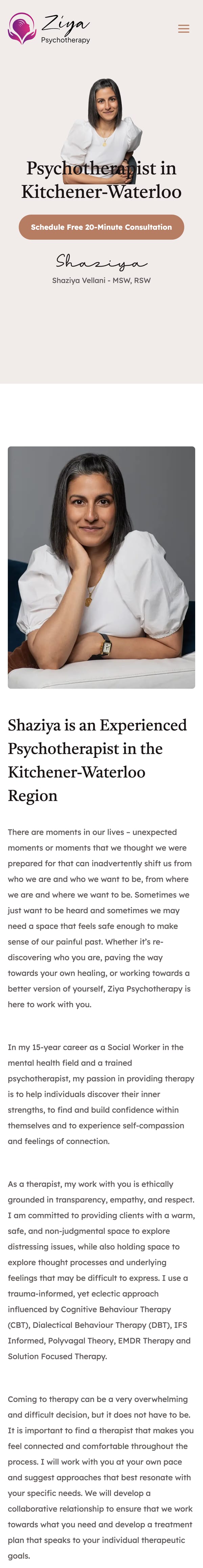Psychotherapist Kitchener website on a phone, built by Kohmera