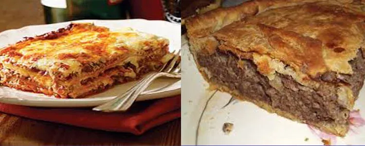 A slice of lasagna and a slice of meat pie, each on a plate