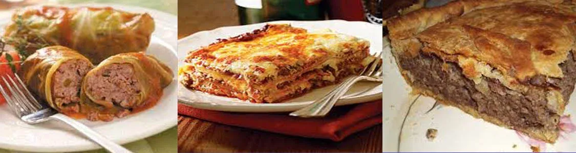 Three plated meals: cabbage rolls, a slice of lasagna and a slice of meat pie