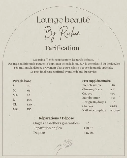La grille de tarifs publiée par Lounge beauté by Richie le 21 mai 2026.